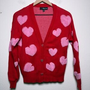 33 Degrees Women Novelty Cardigan Sweater XS Pink Hearts V-Neck Oversized Casual